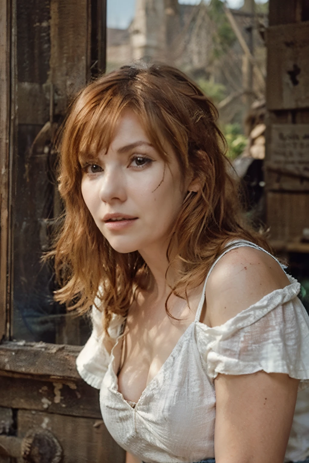 Photo of a woman with a gun looking out of a window wears a western-style outfit, consisting of a low-cut white blouse under a blue simple dress with an azure corset, still from a live action movie, shot from movie, live-action adaptation, [ western film ], elisha cuthbert,lauren phillips.
young woman with long, wavy red hair and bangs, some strands tied back with a light ribbon. , slightly arched natural eyebrows, and fair skin with a prominent scar running diagonally across her left cheek.
{Face::round,dark hazelnut,large, expressive}, 
{Skin::Fair and slightly marked by a hard life, with a visible scar on her left cheek that runs diagonally across her face},{Scar:Red,rough,a scar slightly curved upwards with the rounded part facing downwards, running diagonally across the right cheekbone and right cheek},{dress:: western-style outfit, a low-cut white blouse under a blue simple dress with an azure corset,simple clothing, poor,rough cloth}
