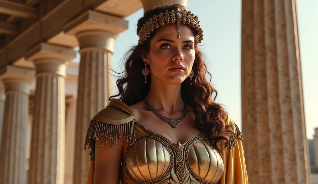 (Generate a historically accurate description of Cleopatra, including facial features and height), (medium breasts), (ancient Greek white dress), (in an ancient Greek temple)