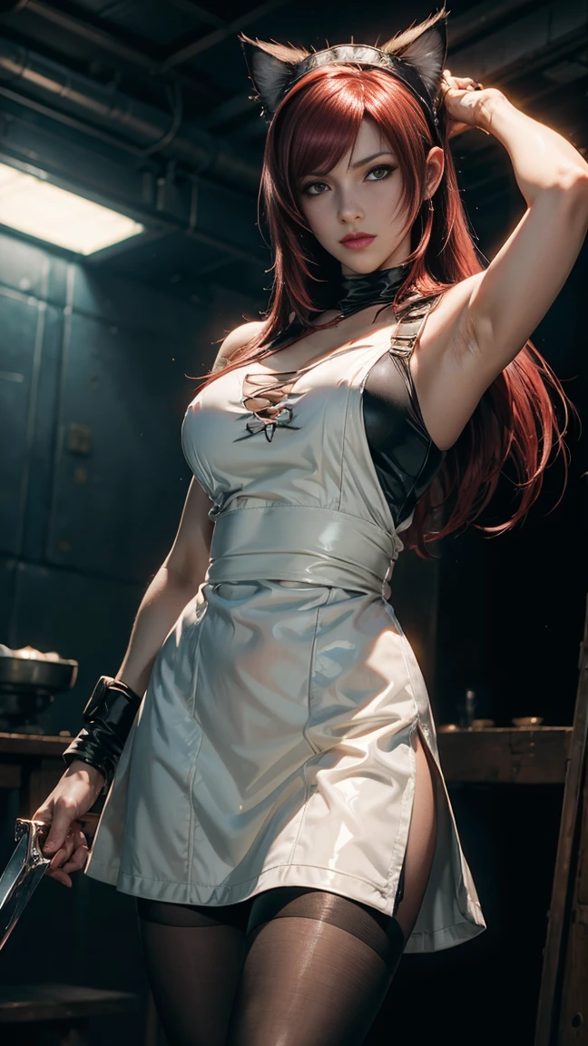 (masterpiece), best quality, HD, NIPPLES, expressive eyes, perfect face, solo, breasts, cleavage, full body, red hair, aqua eyes, no bra, collarbone, midriff, navel, slim body, necklace, ankh, belt, black gloves, milf, ankh, white strait bodysuit, compass rose ass visible through thighs, red gloves, standing, strivejacko, Jack-O'Valentine, white bodysuit, visible smiles, long hair streak, irish woman, tight, sweating, lipstick, FIGHTEr, guilty gear, boot shoe, skimpy, interrogation, merore, crying