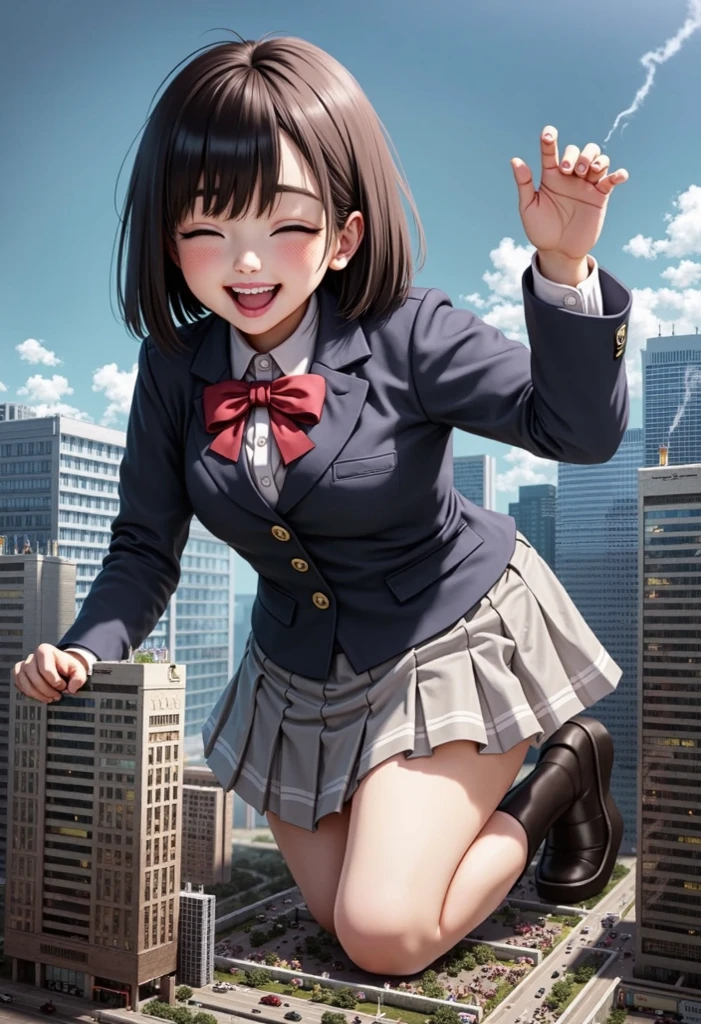 (nsfw),masterpiece,ultra detailed,sharp focus,4k digital art,high resolution,(double peace,peace sign,v sign with both hands:1.5),tareme,(adult beautiful face,curvy adult female:1.3),(from below,upskirt:1.2),(navy blazer),dress shirt,navy pleated skirt,bow tie,(black hair,long straight hair),at back alley,off street,night light,(sweaty:1.2),grinning,(squatting and spreading legs),pubic hair,(laced sexy undies:1.3),loafers