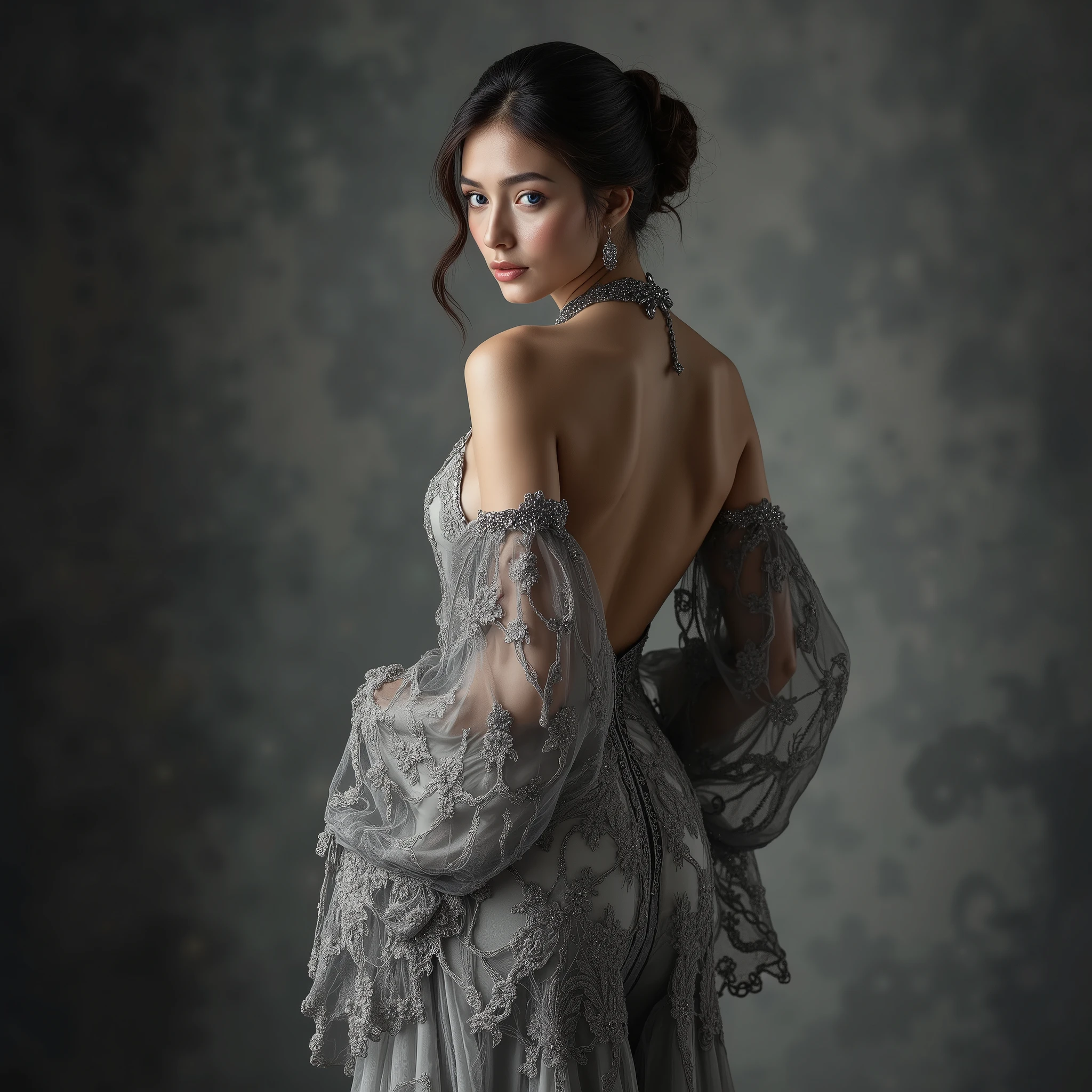 A captivating fine art portrait of an elegant french woman standing gracefully, her back slightly arched with one leg positioned forward, creating a sense of poise and sophistication. She is wearing a luxurious, translucent lace gown in a muted gray tone, adorned with intricate floral patterns that softly hug her curves while flowing down to the ground. The gown features a high halter neckline, gathered at the back to reveal an alluring, deep plunging open-back design, highlighting her smooth, graceful shoulders and back.The long, dramatic bell sleeves drape gracefully, adding a sense of regality and movement. A metallic chain belt with a subtle glint wraps around her waist, accentuating her hourglass figure while adding a hint of boldness to the delicate ensemble.Her hair is styled in a classic updo with voluminous, loosely pinned sections, complemented by soft bangs that gently frame her face. The model's facial features are striking: piercing blue almond-shaped eyes with a confident, downward gaze, framed by well-groomed, slightly arched eyebrows. Full, naturally pink lips with a gentle cupid's bow, and a refined straight nose add balance to her high cheekbones and softly pointed chin.The lighting is soft and diffused, creating a gentle glow that highlights the texture of the lace and enhances the natural radiance of her skin. The backdrop is a gradient of muted gray, subtly transitioning to darker shades at the edges, drawing focus to the model. The camera angle is set at eye level, capturing a full frontal view of the model’s body, emphasizing her graceful silhouette and balanced posture. This perspective showcases the flowing gown and accentuates her elegant figure.The overall aesthetic is sophisticated and ethereal, blending elegance with boldness. The atmosphere evokes a sense of timeless beauty and confident poise, captured with a professional, fine art photography approach. Ultra-high-definition, 8K