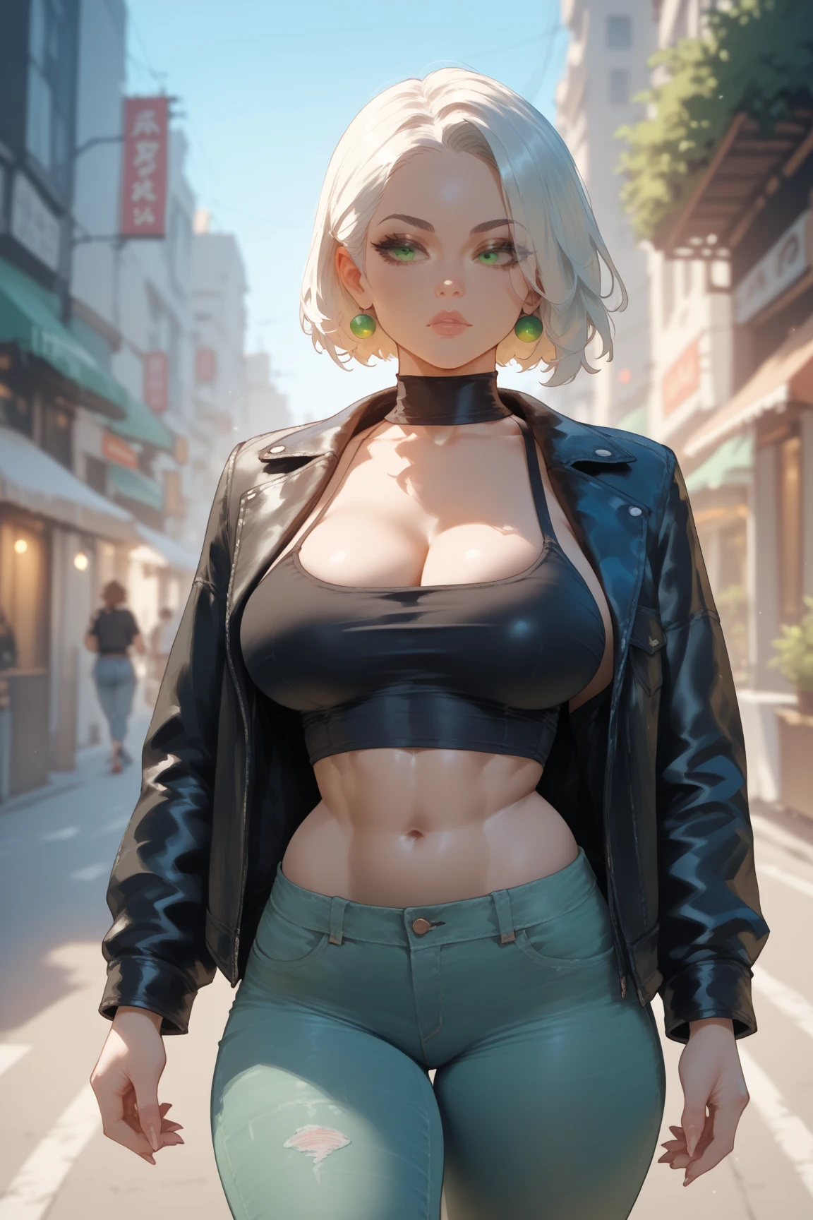 big breasts, 1girl, ((lime green hair)) ((cute girl 25 years old)), blue eyes, hyperdetailed eyes, has an extremely sexy body, with full breasts and a thin waist, and an extremely sexy body, (( lime green blouse underneath the)) red jacket closed neckline short denim skirt, light makeup. young, realistic, best quality, cute expression, pink lips, parted lips, necklace, Night, illuminated night, cyberpunk city, billboards, city, buildings, skyscrapers