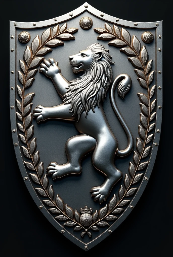 Medieval Armenian Persian style heraldic shield in blue and silver made of silver with the icon of a silver lion in the middle, Laurels on the sides and the icons of family trophies and awards