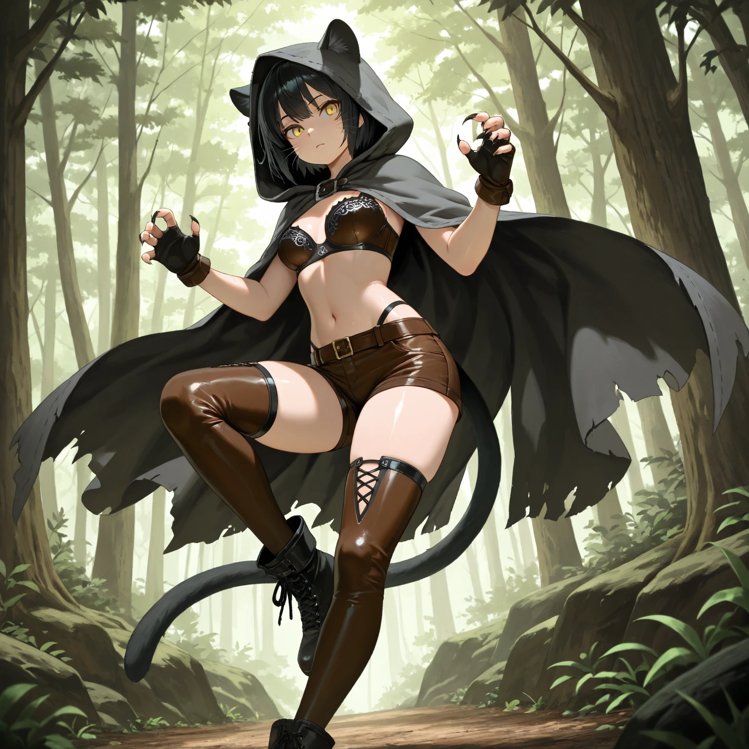 Fantasy, 1 tiny_little_ Girl, (Loli)++, 10yo, slender_child, cat_ears, Cape,Outdoor,bikini, Shy, (bare_groin,bare_waist)++, hold_huge_sword_hilt, Solo, Thighs, covered_,apart_legs, smile, happy, black_hair, navel_naked, slender_legs,tiny_slender_thighs,dynamic_posing, open_mouth, spread_legs, fang,