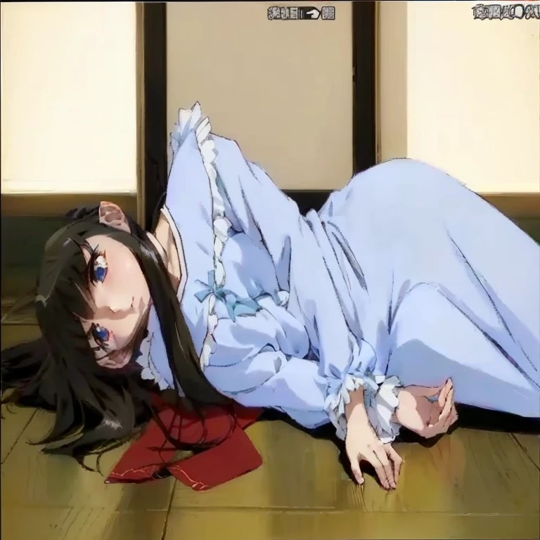 1girl, solo, black hair, hime cut, parted bangs, sidelocks, sleeves past fingers, wide sleeves, purple eyes, long hair, kimono, japanese clothes, purple kimono, female child, smile, indoors, laying, on back, floor, japanese house, garden, upside down, reaching towards viewer, <lora:Nursery_Rhyme:1>, score_9, score_8_up, score_7_up, score_6_up, score_5_up, score_4_up, BREAK source_anime, masterpiece