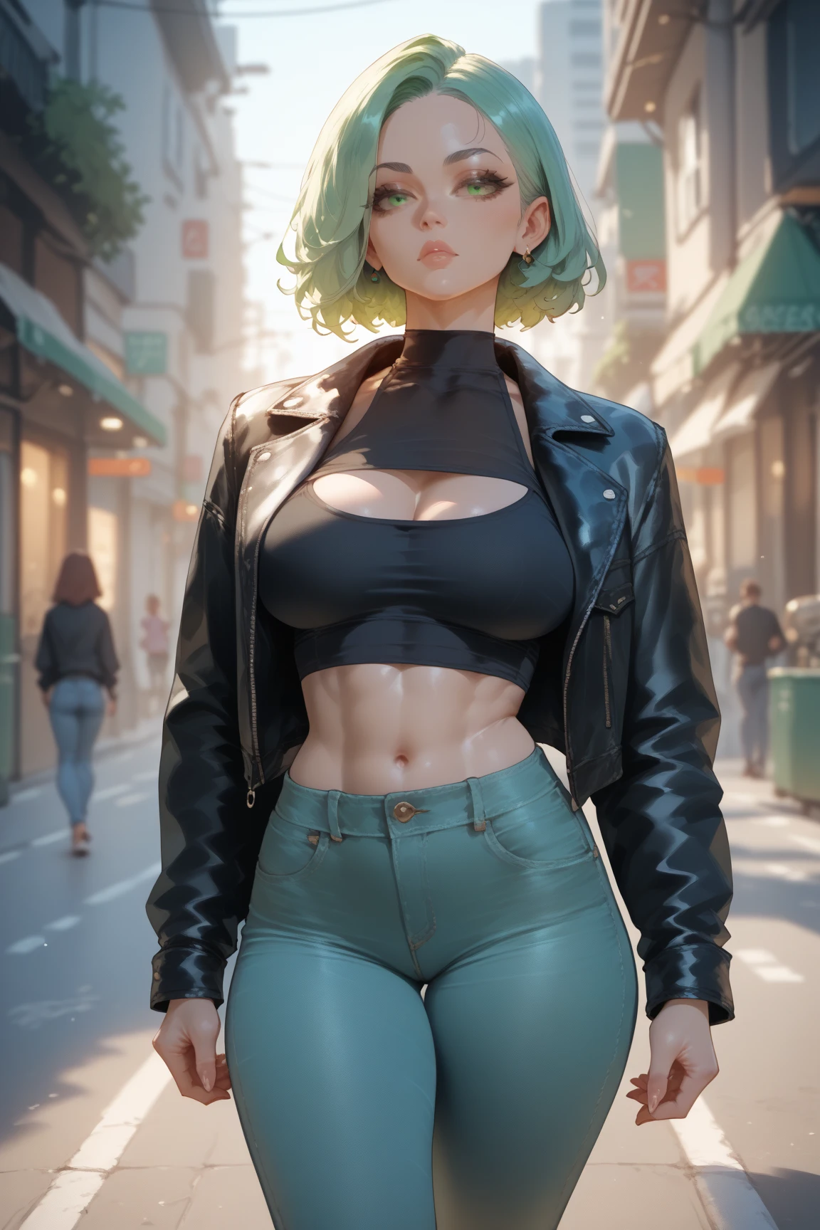 NFSW,newest, ai-generated, intricate details,, (embarrassed,blush),(aroused fece),,naughty face,masterpiece,((steam)),((sweat)),very high quality, 4K,1girl, mature girl, mature,gal,GAL, aroused,(emerald light green hair:1.3),short cut hair,small fusion medium tits,nobra,braless,(curvy body),(((shinny purple eye))),((off-the-shoulder shinny glossy black leather jacket)),(((big fishnets pattern compression tops))),(((compression very shinny wety oily tight very lowrise skinny denim jeans pants))),choker,hairclip,tuck in shirt,ear piercing,nipples hard poking see through,full body shot,((standing pose)),(trembling),(((in train))),perfect hand,(put your hands behind your head),(((nipple noose ring))),((puffy long nipple)),((exhibitionist)),