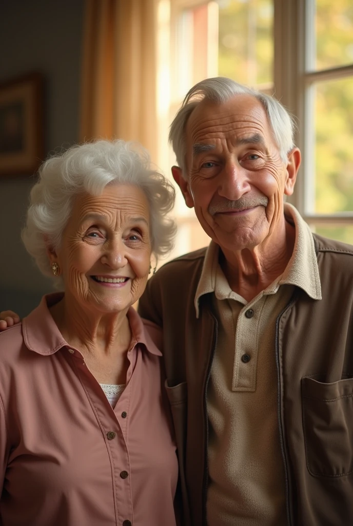 ultra detailed 8k cg, old couple, wrinkled skin, family photo, looking at viewer, light smile, indoors