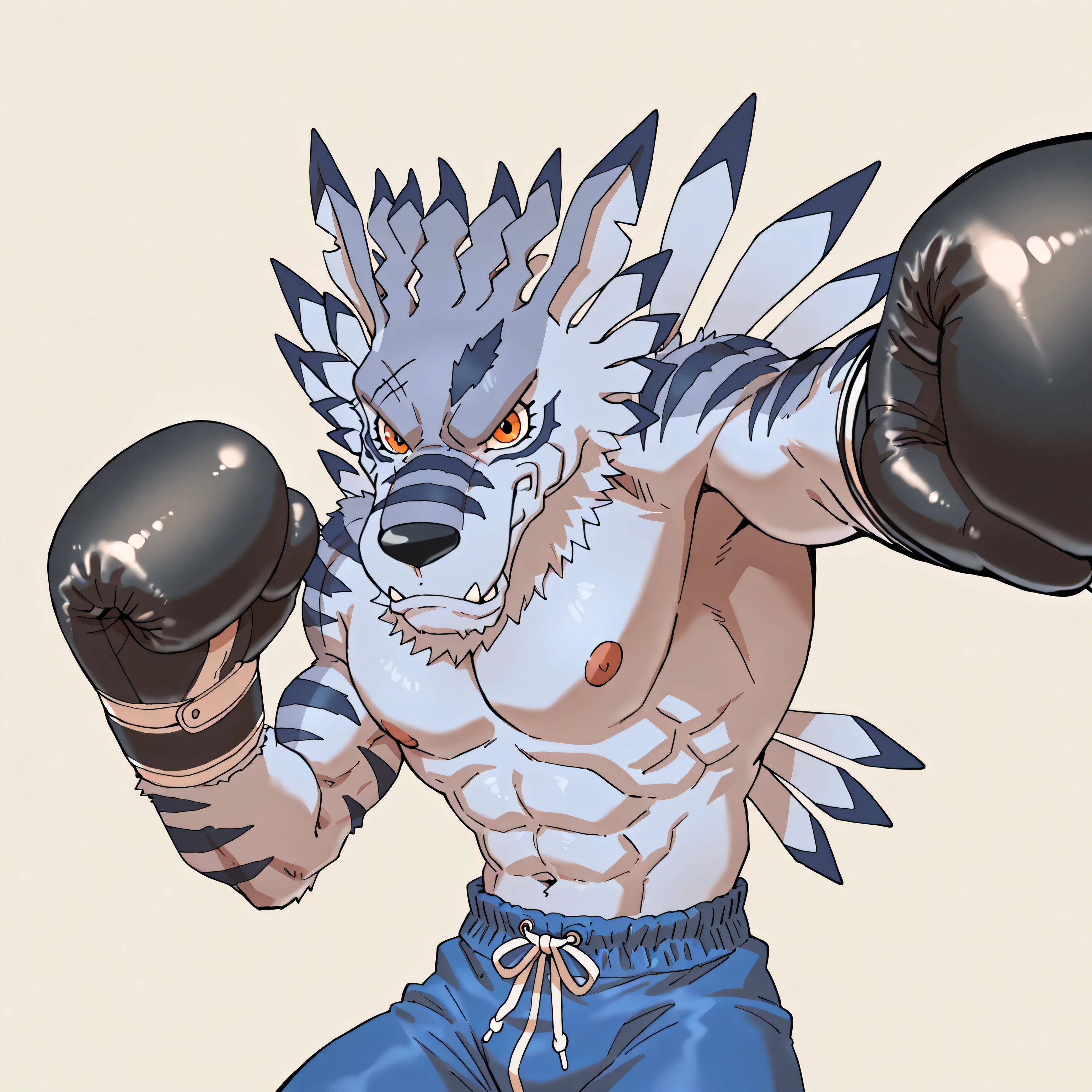 weregarurumon, weregmonil, anthro, male, wolf, light blue fur, orange eyes, dark blue stripes, solo, simple background, looking at viewer, muscular, pecs, high quality, score_9_up, score_8_up, pov_boxing, boxing_trunks, dynamic, boxing gloves, punching, boxing, training, exercising, outstretched arm