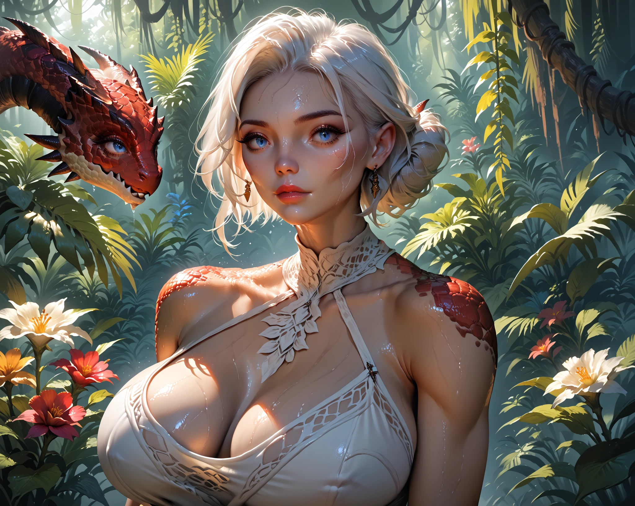 a beautiful woman, Milla Jovovich, detailed face, piercing blue eyes, full lips, long eyelashes, flawless skin, blonde hair, elegant pose, dramatic lighting, fantasy forest background, cinematic composition, detailed digital art, highly detailed, photorealistic, 8k, masterpiece