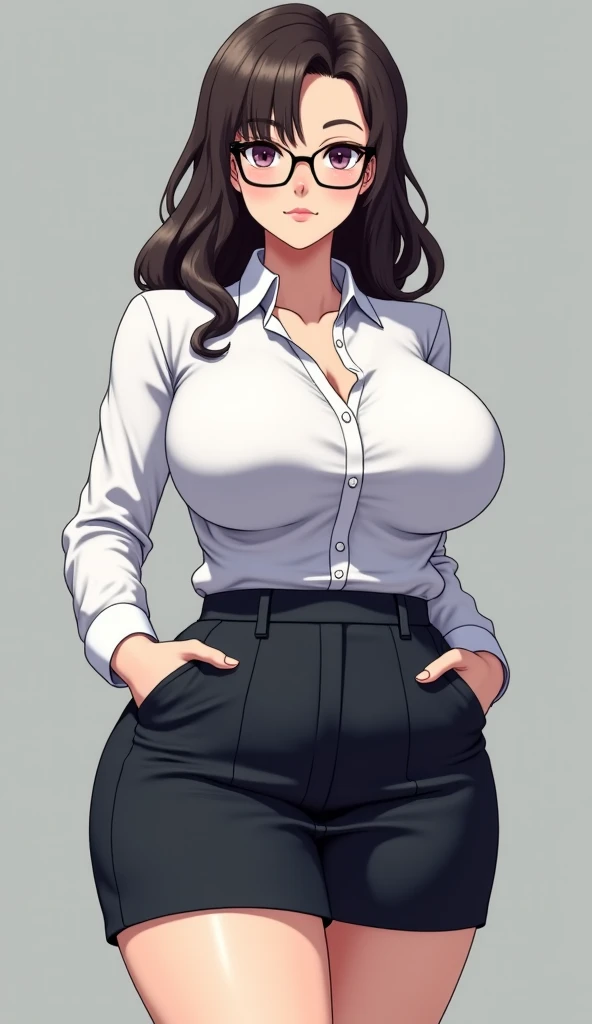 1 milf, long black hair, very big breasts, wearing glasses, smiling
