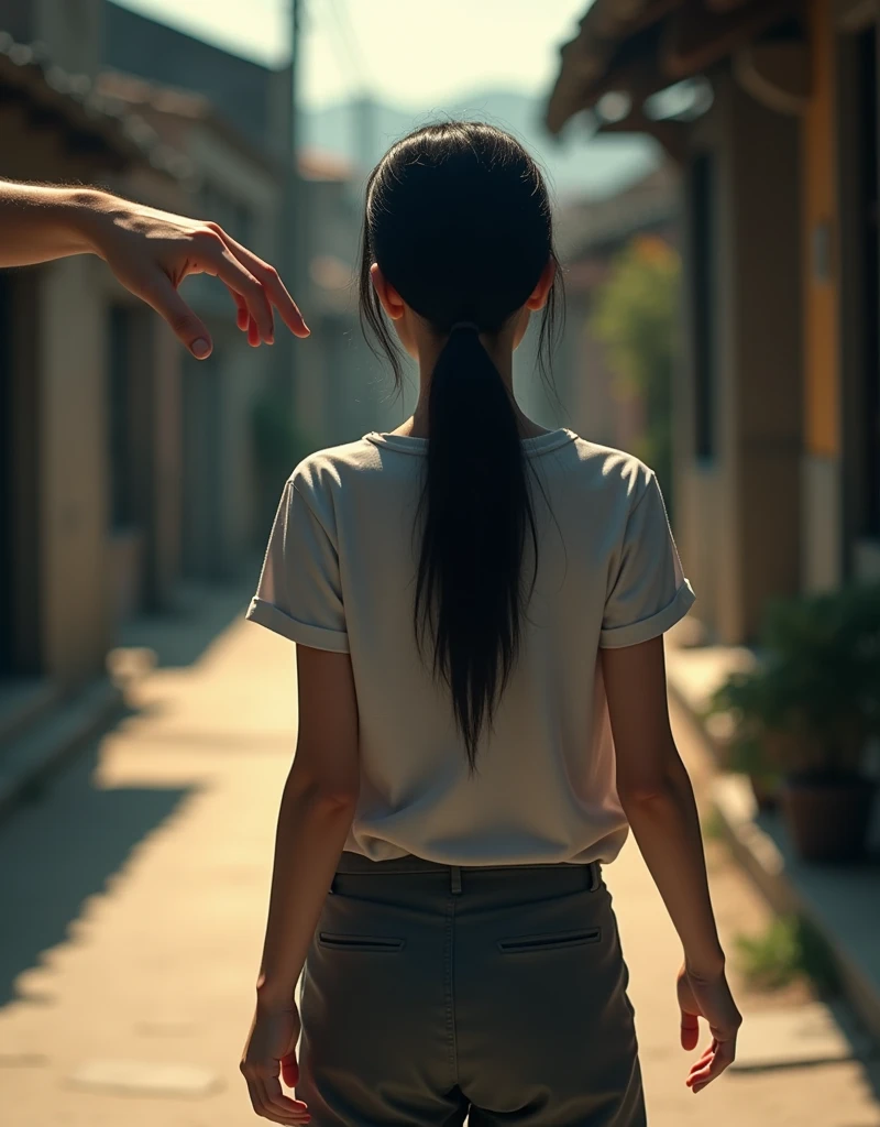 Korean girl with black hair in  chasing another girl with a knife 