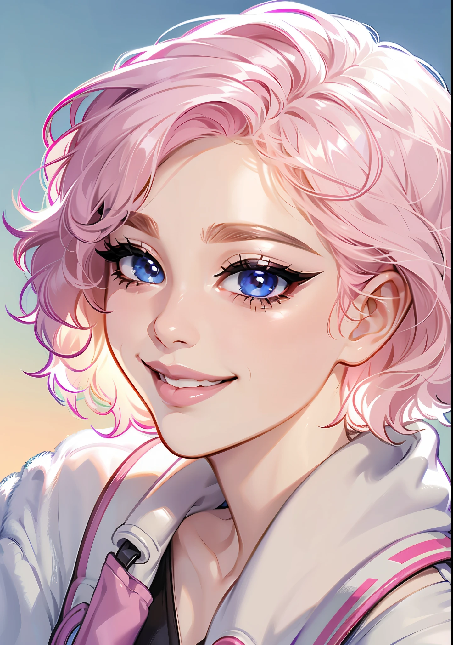 Ultradetailed face, portrait, dynamic angle, detailed shading, short hair, wavy hair, light pink hair, pale skin, smiling, cute face, fit clothing