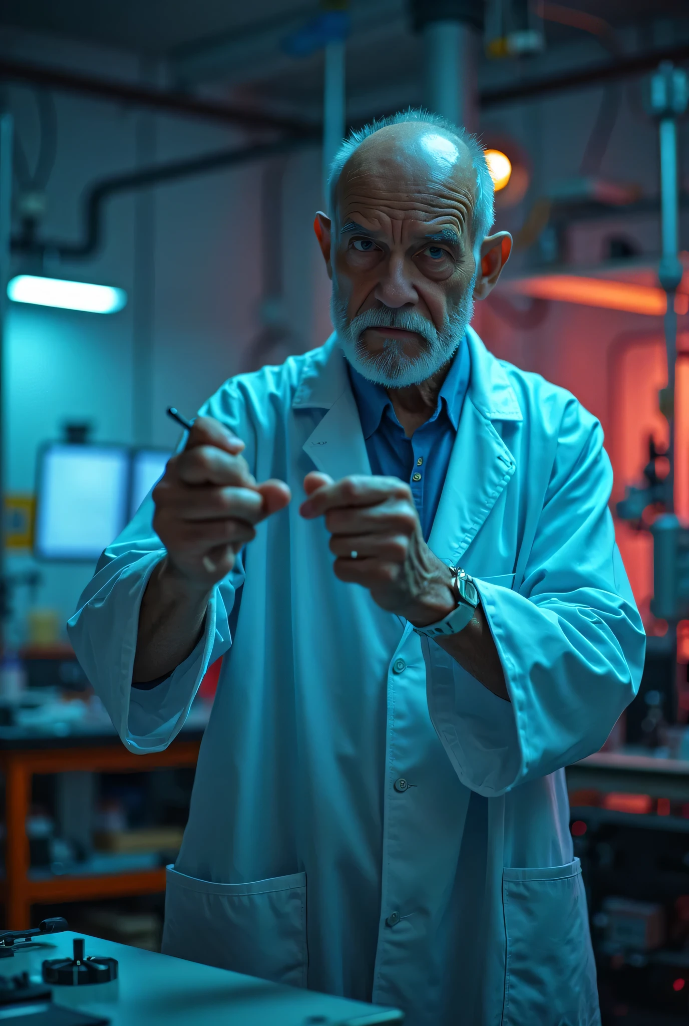 A scientist in his laboratory with vials of potion in his hand