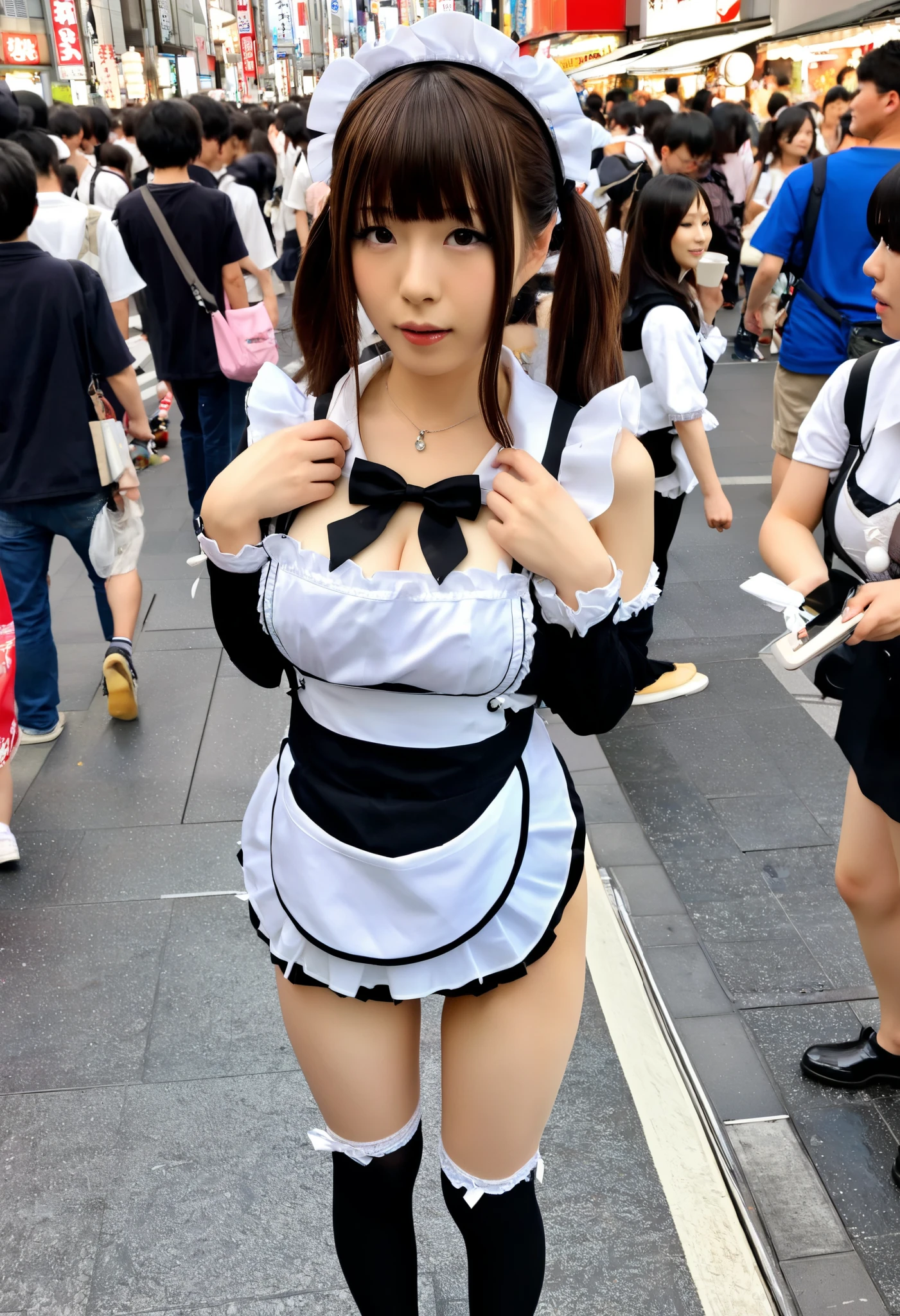 ((Vile))Japanese20Teenage female model,erotic maid cosplay,bangs, super breasts,erect nipples,depth of field, Akihabara Pedestrian Paradise ,photo taken with iPhone,(crowd)
