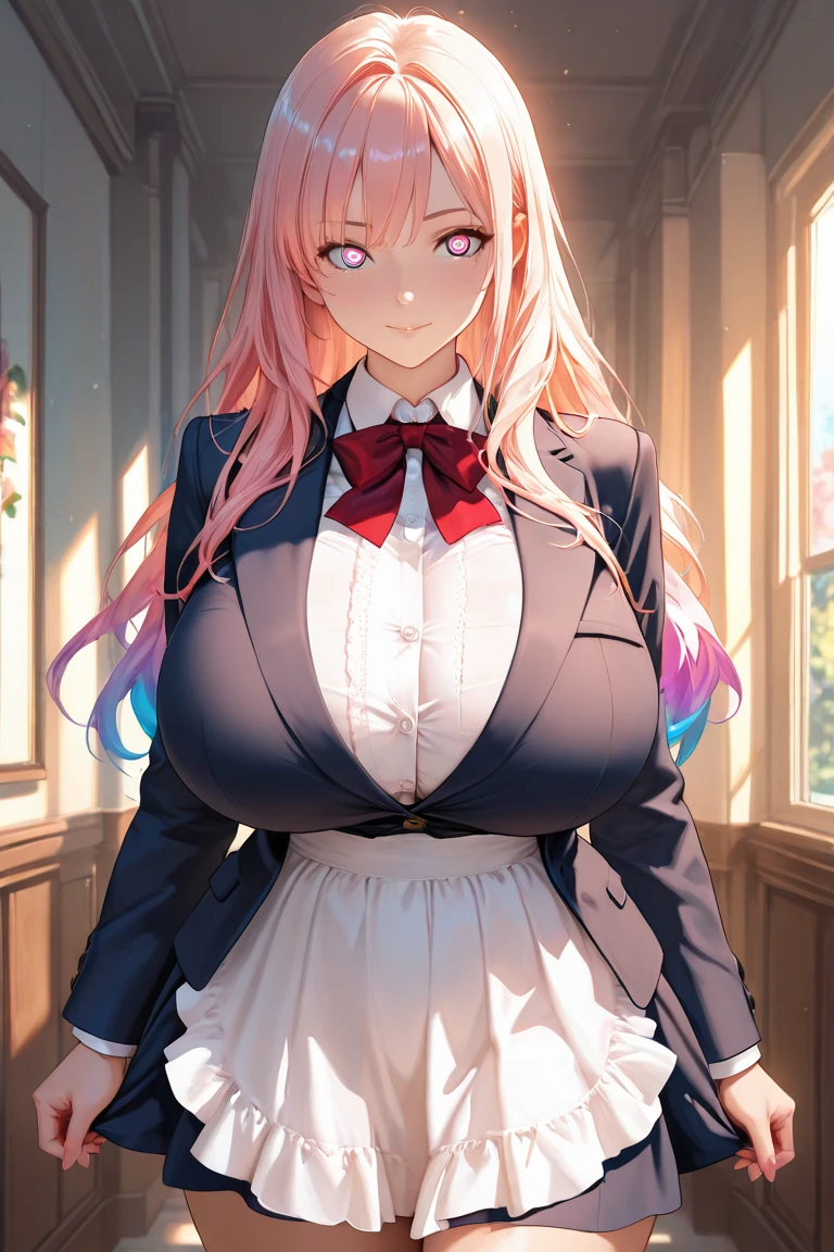 ((tmasterpiece,Need)),(1girl),((A MILF)),Light pink hair,big-areola,horn,((office lady)),By bangs,middlebreast,(plumw),slim,ssmile,[Wide hips],office,standing, aru \(blue archive\),light blues