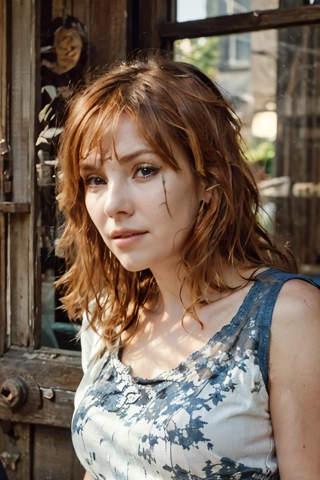 Photo of a woman with a gun looking out of a window wears a western-style outfit, consisting of a low-cut white blouse under a blue simple dress with an azure corset, still from a live action movie, shot from movie, live-action adaptation, [ western film ], elisha cuthbert,lauren phillips.
young woman with long, wavy red hair and bangs, some strands tied back with a light ribbon. , slightly arched natural eyebrows, and fair skin with a prominent scar running diagonally across her left cheek.
{Face::round,dark hazelnut,large, expressive}, 
{Skin::Fair and slightly marked by a hard life, with a visible scar on her left cheek that runs diagonally across her face},{Scar:Red,rough,a scar slightly curved upwards with the rounded part facing downwards, running diagonally across the right cheekbone and right cheek},{dress:: western-style outfit, a low-cut white blouse under a blue simple dress with an azure corset,simple clothing, poor,rough cloth}