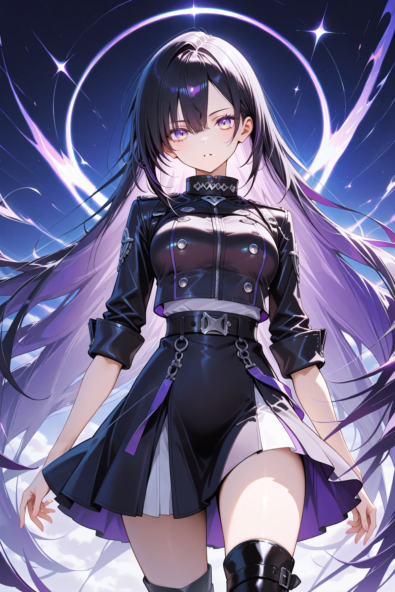 1 woman, sharp purple eyes , multicolored eyes , hair between eyes , long side bangs , black hair with fine purple strands , very long hair , medium breasts , cool, beautiful, black jacket, black skirt, black boots masterpiece, rolled up , great quality , very aesthetic, absurd, latest , 8k, perfect face, Clear eyes, white backround