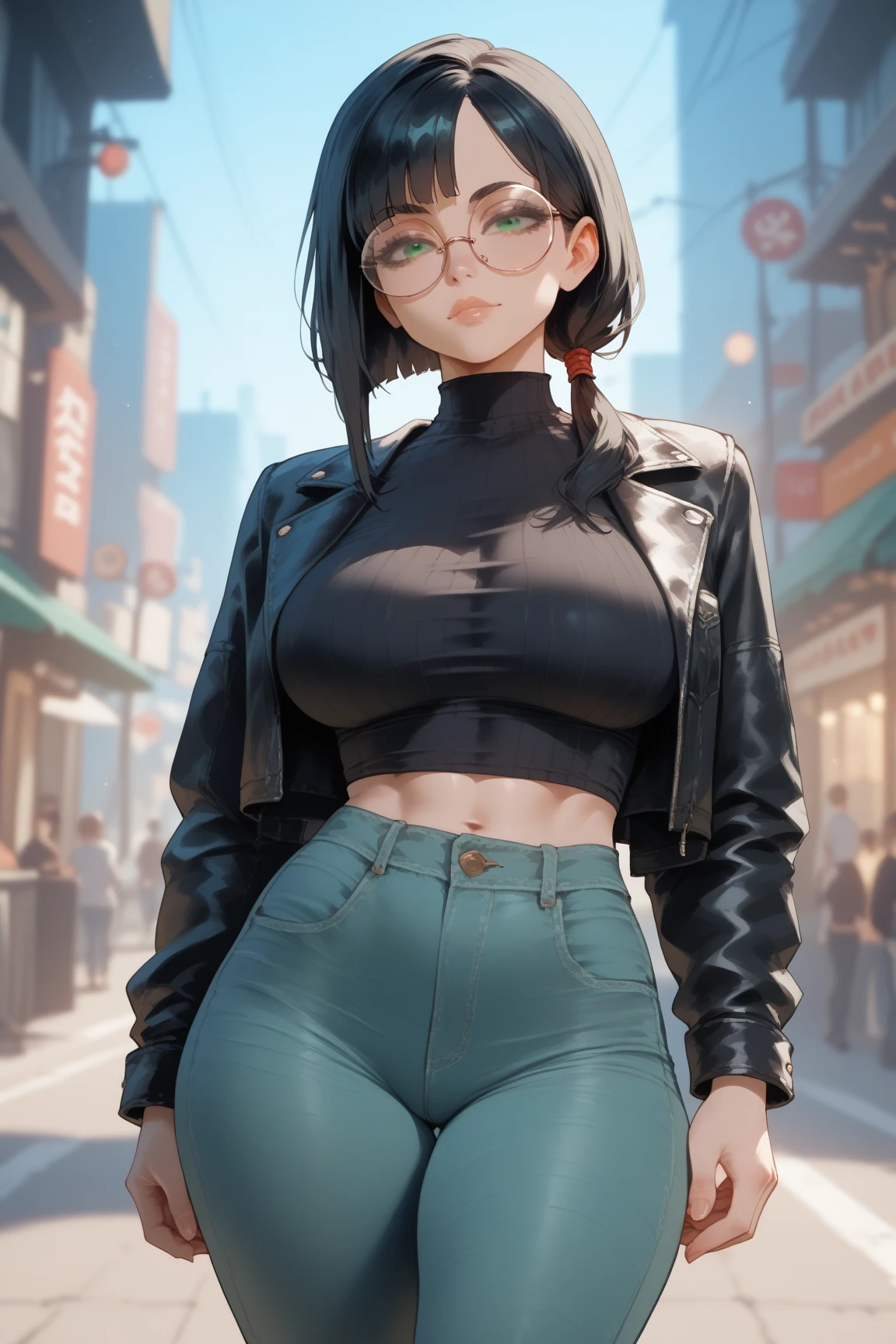 realistic, 1girl, very thin and slender, black hair, short hair , black crop top, tube top, black shorts, parted lips, blush, night, stone archway, oversized black framed glasses, thick frames, folding her hands in front of her