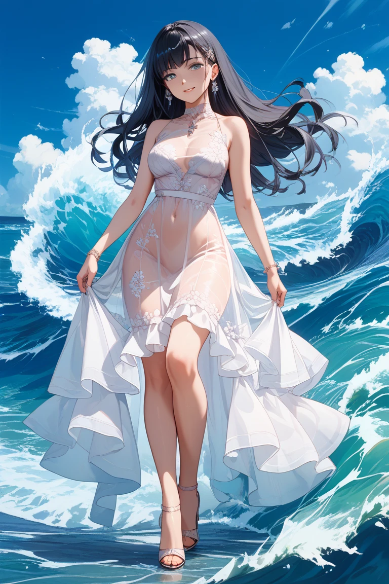 ((masterpiece)),(((Highest quality))),((Character design sheet)),Thin thighs,Long legs,((woman, alone, Long Hair)),Innocent look, Bare arms, Expose your shoulders, Bear neck, watercolor, water, Wave, water dress, Ocean, See-through dress, Silver Hair,Wearing a white bra
