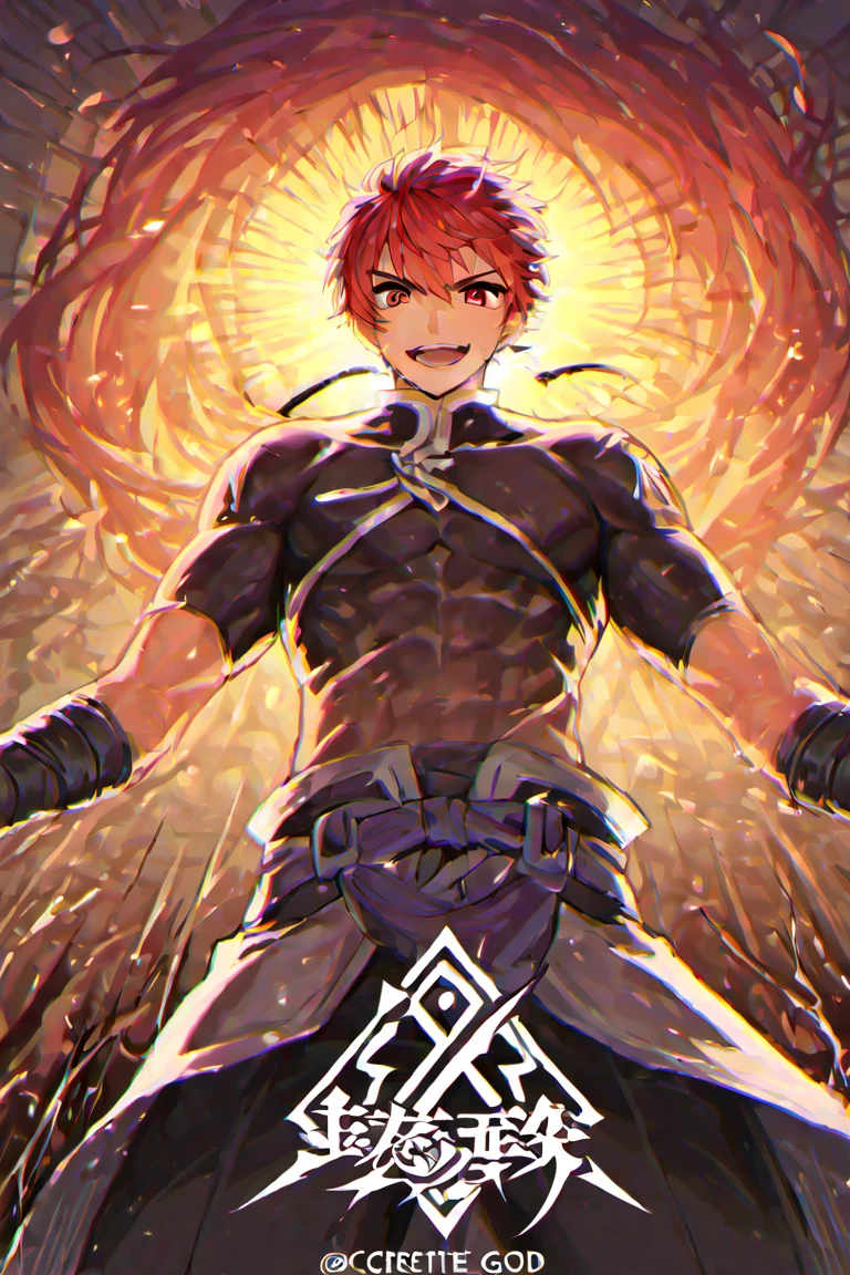 Black-haired boy with fox ears and tail surrounded by green flames with red wings on his back Red eyes, medium body