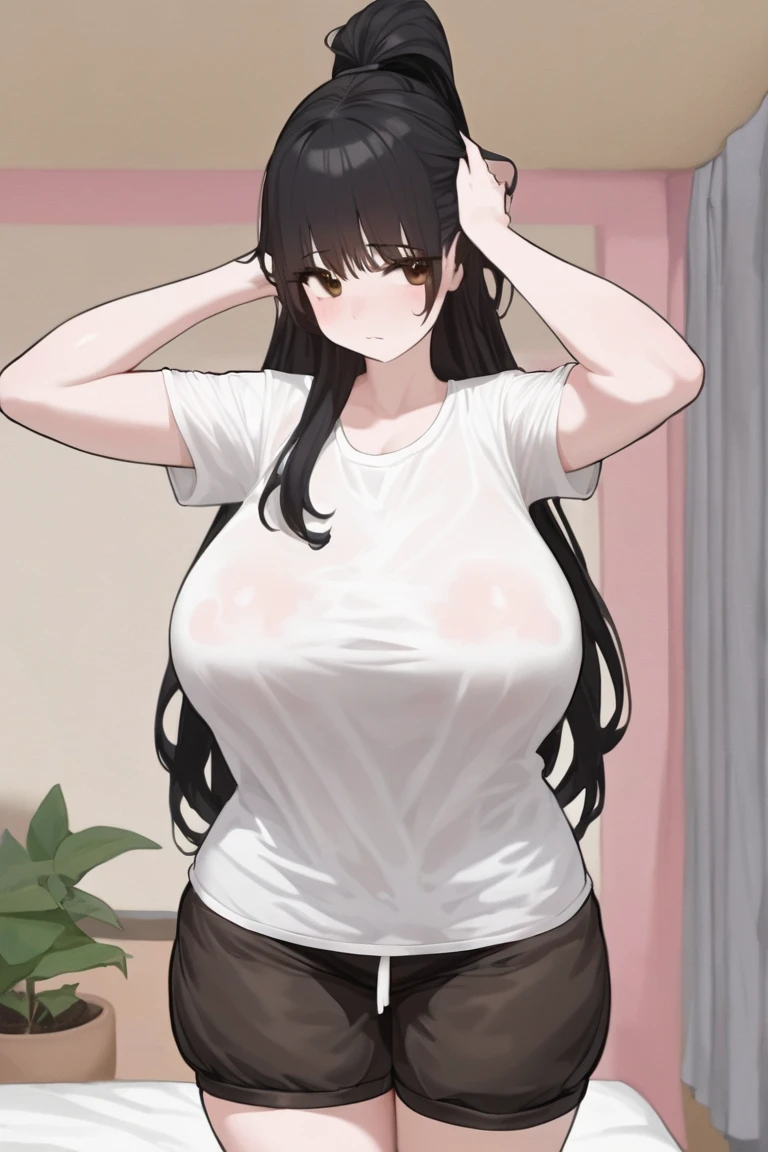 ((masterpiece)), (Highest quality), (detailed), (1 Girl), Red eyes,Long Black Hair、Huge breasts、(Boob Tent:1.2)、blunt bangs、stand、Heather grey cropped tank top、Cleavage、Black shorts