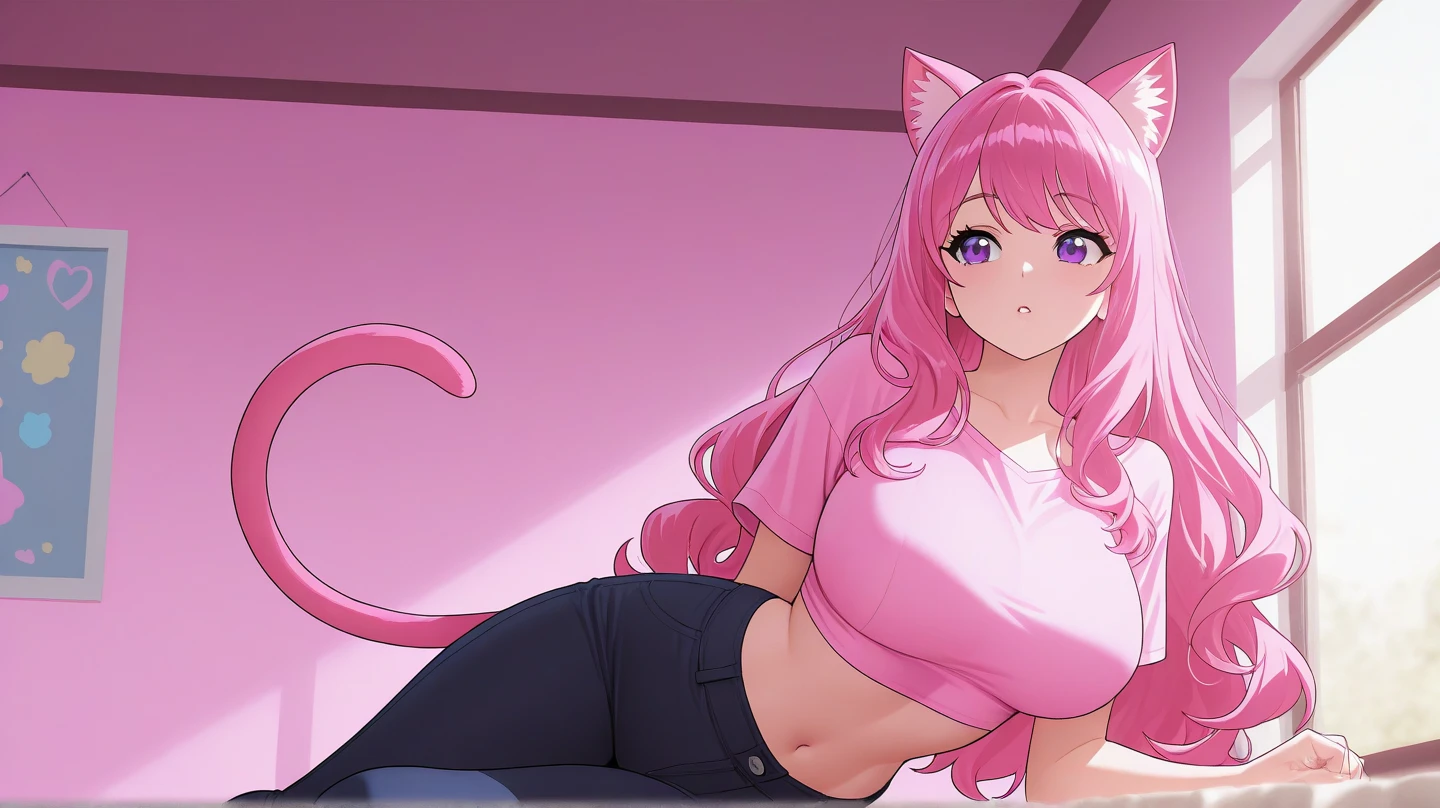 Sexy Posing, (milf, large breasts ,wide hips:1.3), Female, 30 years old, cute, eyeliner, long hair, biting lip smile, tube top, jean shorts, bedroom eyes, catgirl, cat ears, living room background, 8k, (best quality, masterpiece), green eyes, cat tail,  light pink hair, kneeling on  couch. , (paw pose, tongue out:1.4)