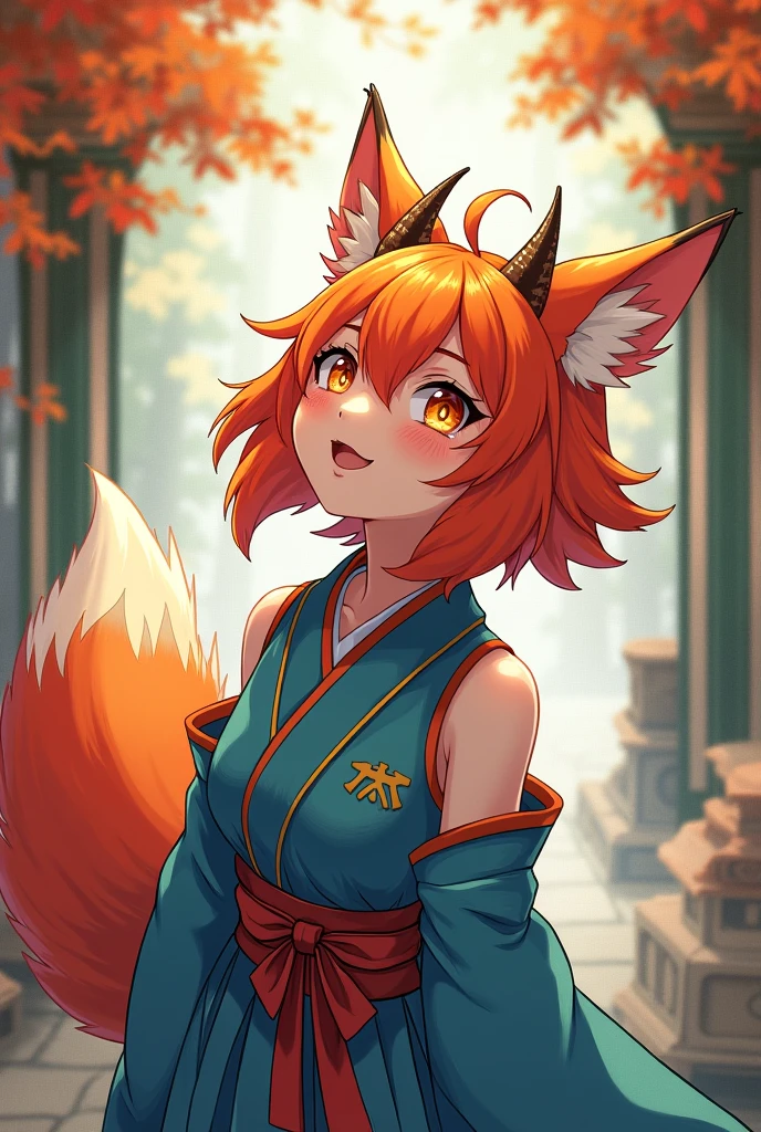 Volumetric Lighting, Best Shadows, Portrait Of Stunningly Beautiful Girl, , Delicate Beautiful Attractive Face With Alluring Green Eyes, large breasts, Short orange hair, white and orange hair streaks, Slim Waist, Standing, (Highest Quality, Amazing Details:1.25), (Solo:1.3), Brilliant Colorful, kitsune ears and tails short revealing kimono, shoulders and breasts falling out of kimono, thigh slits, big ass, cleavage showing