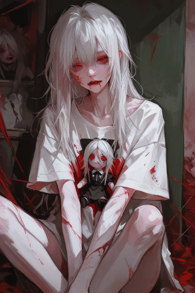 "((Masterpiece, top quality, high resolution)), (Female), (One character), (Alone), (Solo), (Anime), (Ahoge, long white hair), (Faint glowing red eyes), (Bloodied straightjacket), (Red nails), (Sitting on knees and leaning forward), (Insane asylum, white room), (Blood everywhere), (Bloodied clothes), (Holding bloody knife), (Crazy, insane)