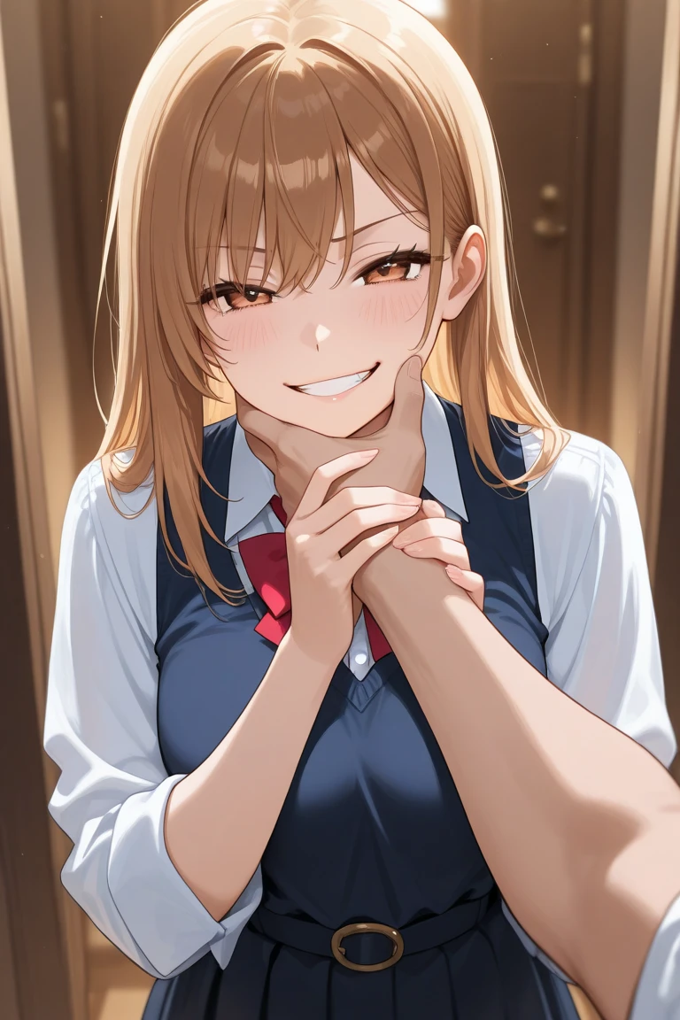 MarinGyaru,school_uniform,
(best quality, masterpiece), unity 8k wallpaper,official art,extremely detailed CG,,face focus,eye focus,(stilt house:1.4), smile,(glistening skin:1.4), looking at viewer,(portrait:1.4),teeth,in heat,open mouth,sitting,crossed legs,