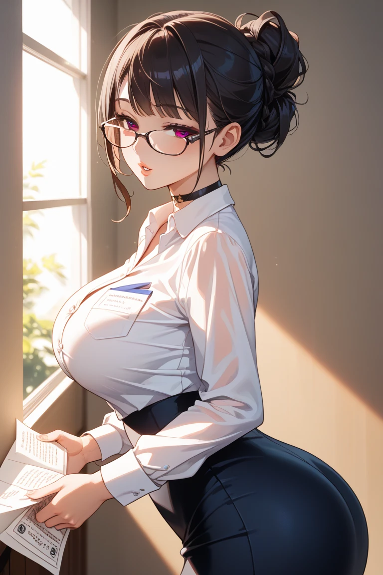 secretary, sitting at desk, wearing luxury clothing, large breast, sexy attire, upskirt, flashing, wearing glasses, dressed provocatively, sexy secretary, slutty dress, dressed seductively, horny, hentai, flashing pussy, pubic hair visible, pussy flash, wet pussy, visible vagania, barely there clothing, indecent exposure, not safe for work, pubic hair