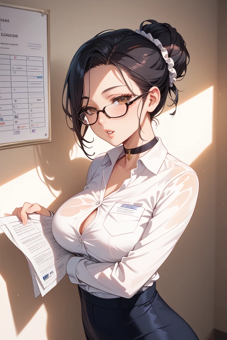 In teacher's office, high resolution, 8k, masterpiece, best quality, 1girl, teacher, mature female, short hair, ponytail, hair over one eye, white shirt, mini skirt, pantyhose, glasses, hand on glasses, earring, necklace, large breasts, huge breasts, holding iphone