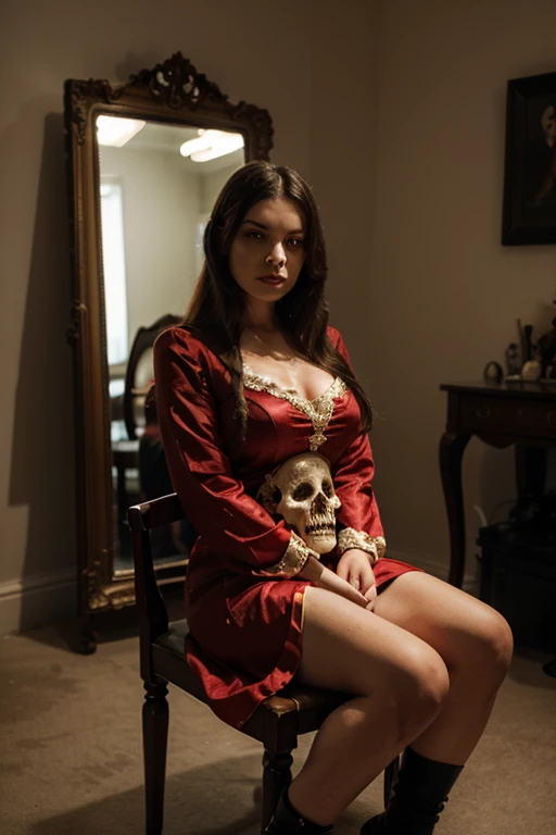 Woman sitting on the throne with red and black dress and black hair with red eyes and long hair