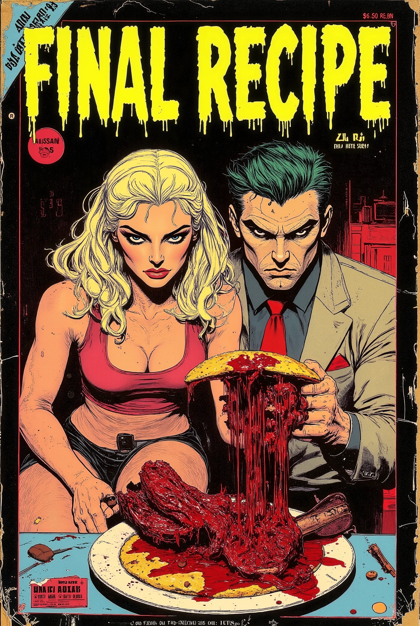 Vintage 70s romance comic book cover called "FINAL RECIPE", classic horror font, bold, stroke embossed border, show price of .50 cents and publisher logon, gory fiction, satirical horror, collector's item, pretty woman and man holding a human meat pie., wearing vintage clothing, nylons, high heels, comically evil atmosphere, blood, body parts, 70s aesthetic, noir vibe, lurid vivid colors, bold colors, detailed, erotic, NSFW, lurid and vivid colors, detailed, intricate, pen and ink, cross-hatching pen and ink, Graham Ingels, Bernie Wrightson, Wally Wood, Frank Frazetta, Neal Adams, Steranko, Jack Davis, classic horror comic aesthetic, Italian fumetto, sexual taboos, dark, terrifying, detailed, HD, 8x