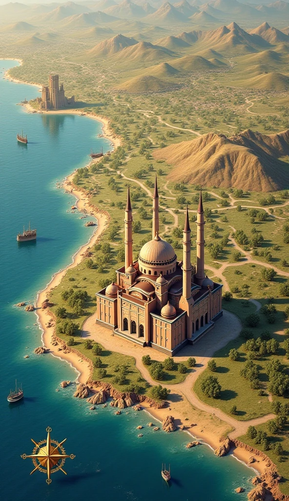 Dabul, big city settlement town cluster with 20 indo-islamic style houses 2 minerats with 1 indo-islamic lighthouse 1 mosque situated in a bay with rocks in the image, exterior view, at estuary of 1 river, landscape, large size, Indo-Islamic architecture, reddish Jaipur style roof, mixture of Muslim Style and India Style, muslim dooms and mosques, bazaars, next to Arabian Sea, modest and simple, slight traffic, indian style mill, houses, entrepot of trade, Sunset, important port on trade routes, 16th century, India, renaissance