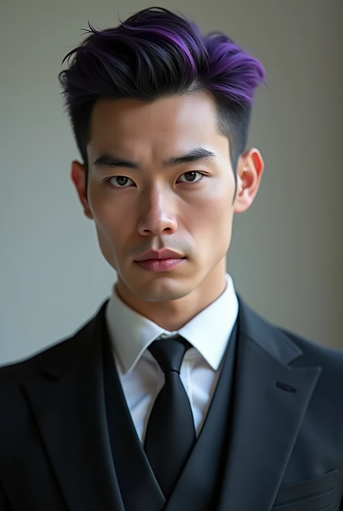 Toned body man, 2, full black suits, folded sleeves at elbows, unbuttoned top, black locks of hair, Korean - American mixes looking man, bad boy hair cut, violet-colo
