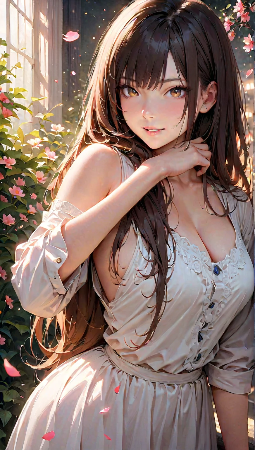 (8K, best quality, masterpiece:1.2), (realistic, photo-realistic:1.37), ultra-detailed, 1 girl, Nobara Kurosawa, natural triple D cup breasts, prominently displayed due to off-shoulder sweater, bubbly ass and round buttocks accentuated by the autumnal city setting, 19 years old, (fall colors:1.2), (leafy trees and rustic tones:1.3), (brown hair:1.1), (long bangs:1.1), (natural makeup:1.2), (flushed cheeks:1.1), (closed mouth:1.1),