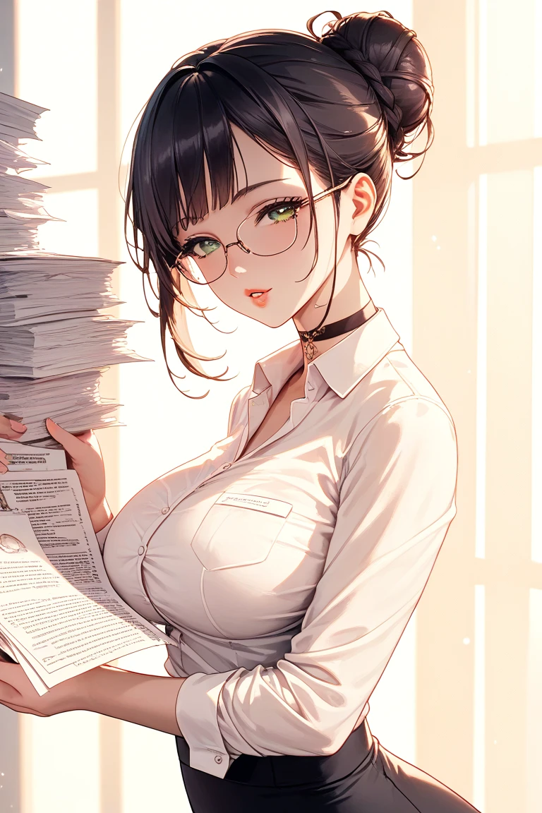 Company Office,There are a lot of papers, Computers and writing utensils around,Sharp woman with glasses,Officelady,Standing with a binder in hand, Lean forward so that you can see your cleavage,Brown hair,Orange Eyes,Black fishnet tights,White and red and purple and black,Reddish cheeks,A smile,heart mark,Smokexxx,Scooped up hair,Moles under the eyes