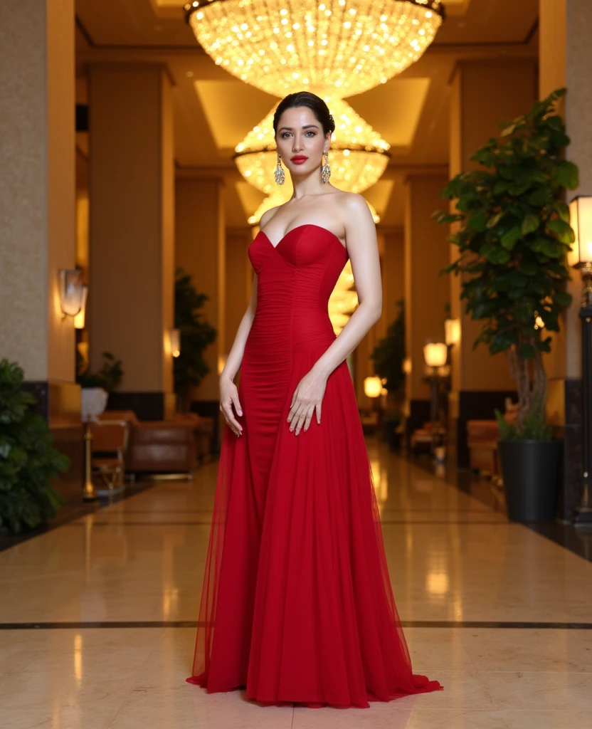 Full length ,"A young woman in an elegant, long-sleeve  red evening gown attending a formal event. She is wearing a uniquely designed and beautiful dress, complemented by luxurious jewelry and accessories. The background features a grand and lavish hall with warm, inviting lighting, showcasing a scene of splendor and beauty."