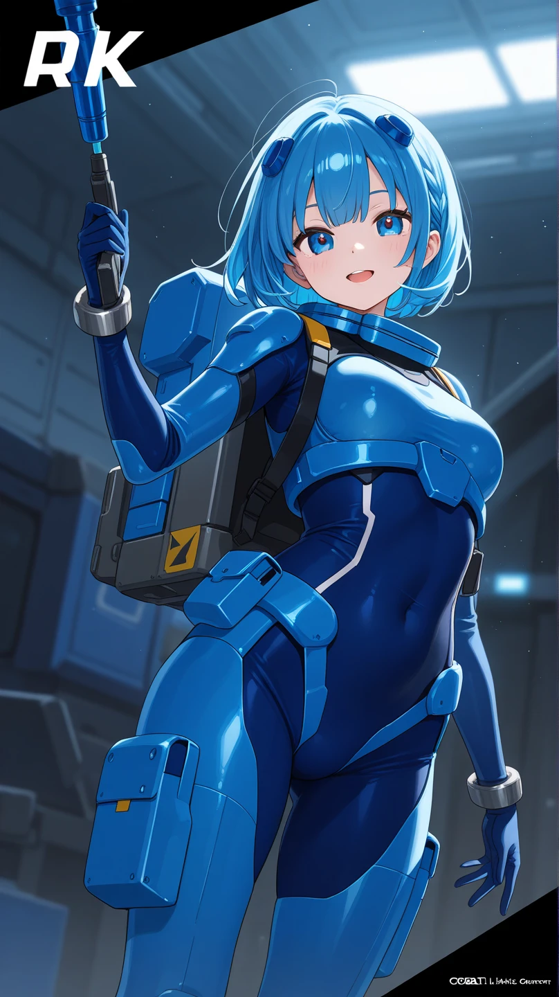 masterpiece, high quality, extremely detailed, 1girl, solo, marianne von edmund dressed up as Zero Suit Samus, short blue hair, brown eyes, medium breasts, zero suit, blue gloves, light smile, standing, holding a blaster, smile, blush, upper body shot, outer space, space environment, outer space background