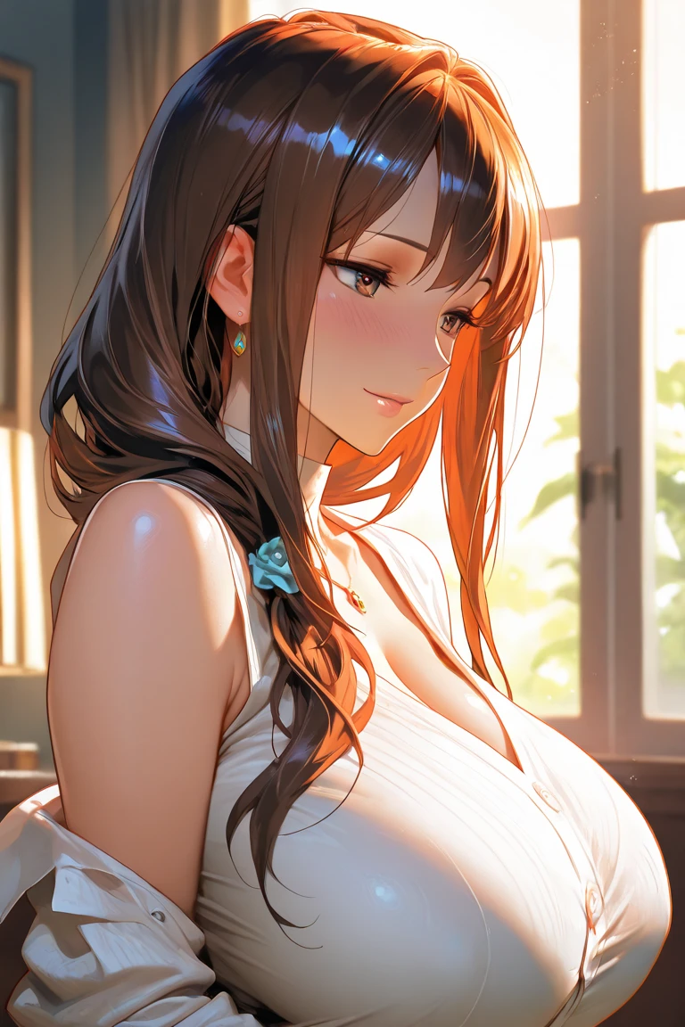 absurd, 8K, high resolution, Ultra-detailliert, beautiful, Meisterwerk, best quality, very pretty woman, Jung, Braunes Haar, sexy, (very huge breasts:1.5), (Pferdeschwanz:1.5) detailliertes Frauengesicht, Sehr attraktiv, karierter Minirock, white shirt, (gelber BH:1.3),