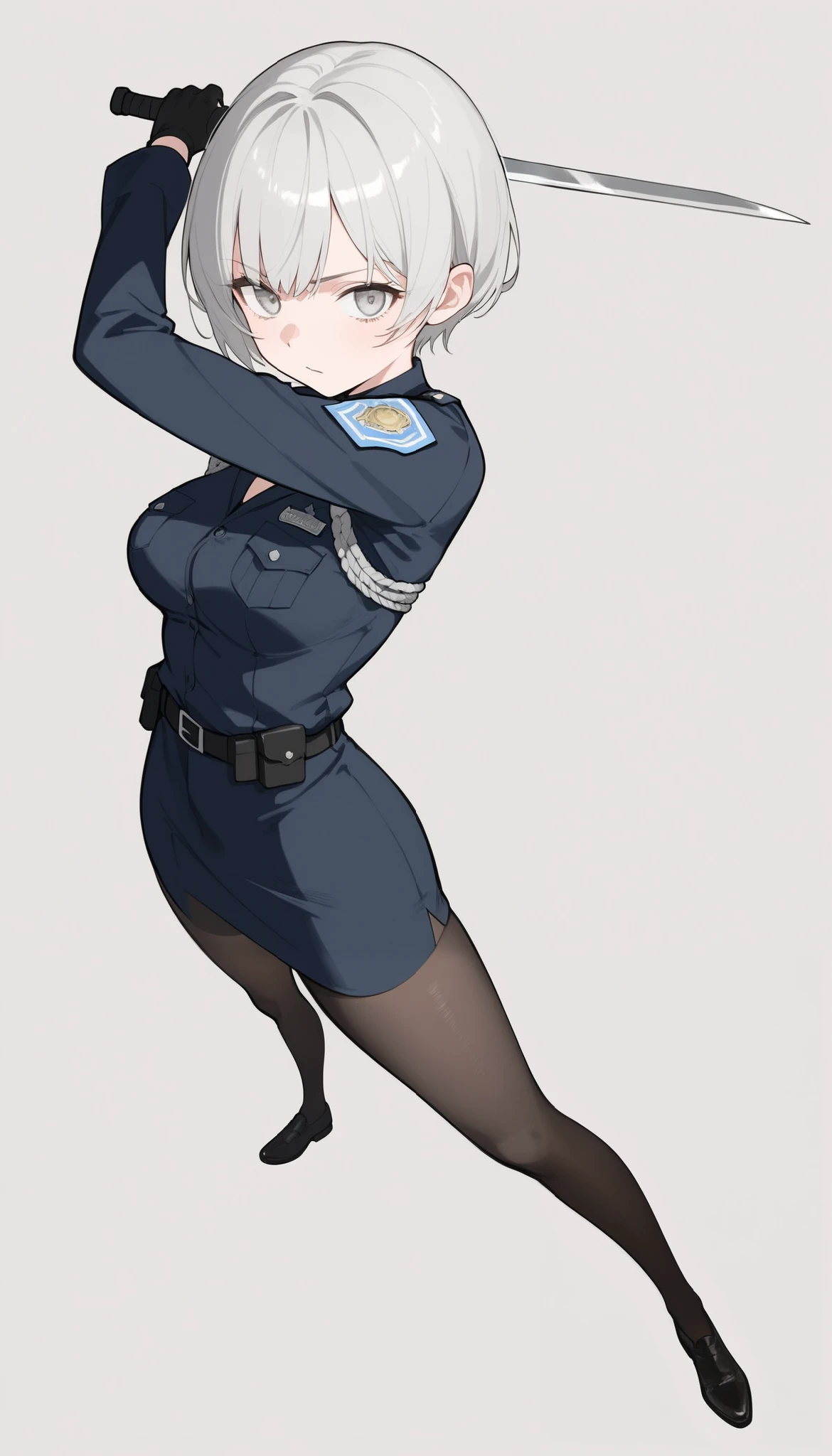 score_9_up , score_8_up , score_7_up , ((masterpiece)), (best quality), 1girl , Alone, simple background, temptation, delicate face, handheld dagger , Battle Pose , full body, silver short hair, long sideburn, Disdainful Eyes, Black Stockings, Damaged black police uniform, medium breasts, style: midjourney, white background, two-point perspective , Impact footage,motion blur,depth of field, closeup