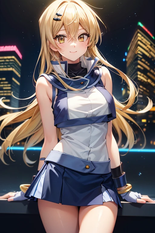 masterpiece, best quality, highres, heart hair ornament, ta1,blonde hair,long hair,yellow eyes, white jacket, sleeveless, blue skirt,tight skirt , miniskirt,fingerless gloves,smile,big tits ,looking at viewer,top view,(standing), bracelet, Cyber city,blue neon lights,((perfect face)),perfect body, perfect , high definition,blush,((upper body))