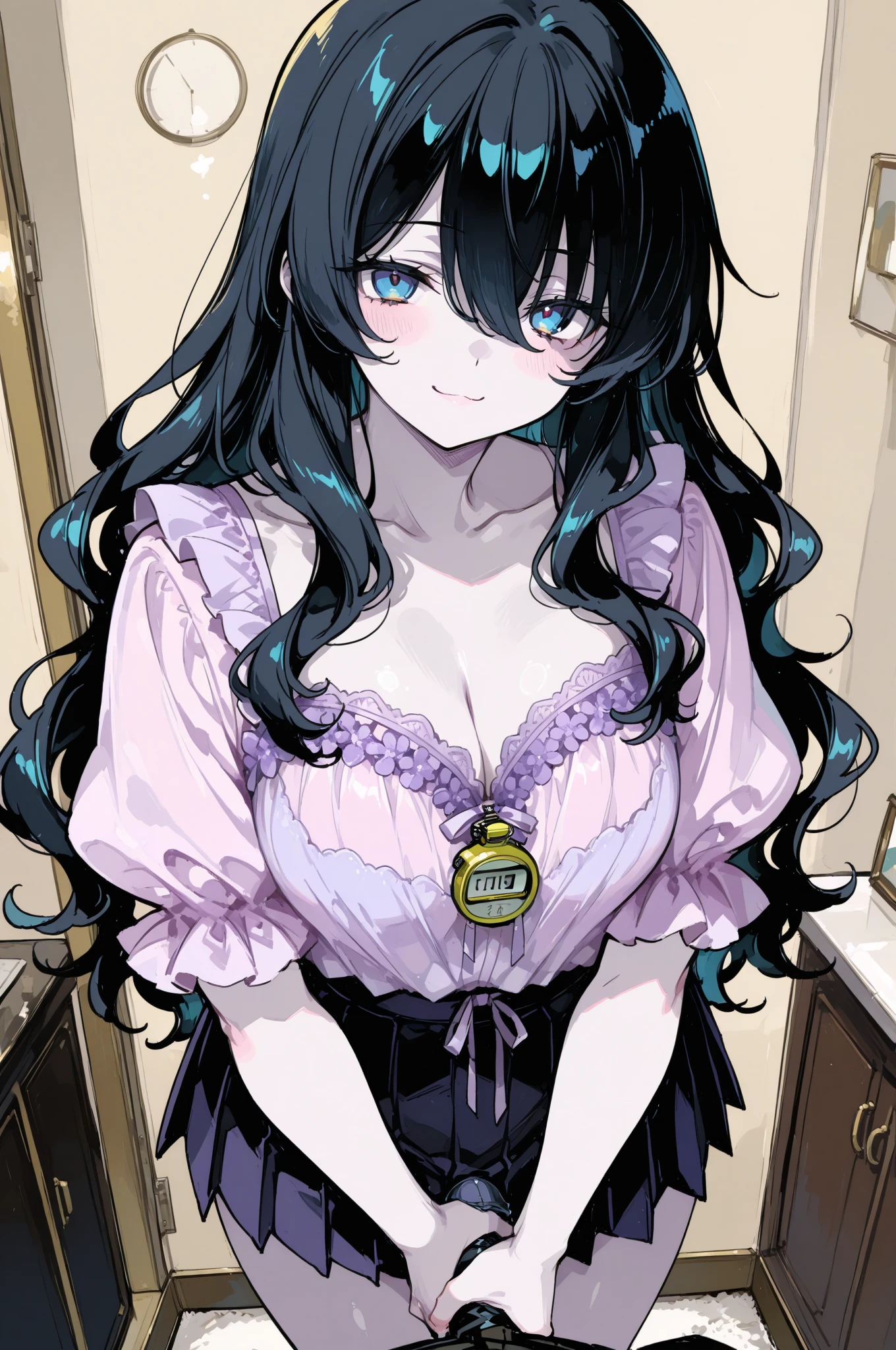 (masutepiece, Best Quality, High resolution:1.5, anime colours, megami magazine:1.2, anime poster style, anime keyvisual, sharp, 8k, photorealistic), (beautiful detailed eyes:1.5, beautiful detailed face:1.2), madoka ayukawa, 1girl, blush, (black hair, Long Hair), (sagging huge breasts), cleavage, (negligee), upper body, (Perfect detailed Anatomy, beautiful detailed hair, beautiful detailed body:1.2, shiny skin), (thick outline, Beautiful outlines, black outlines), simple background