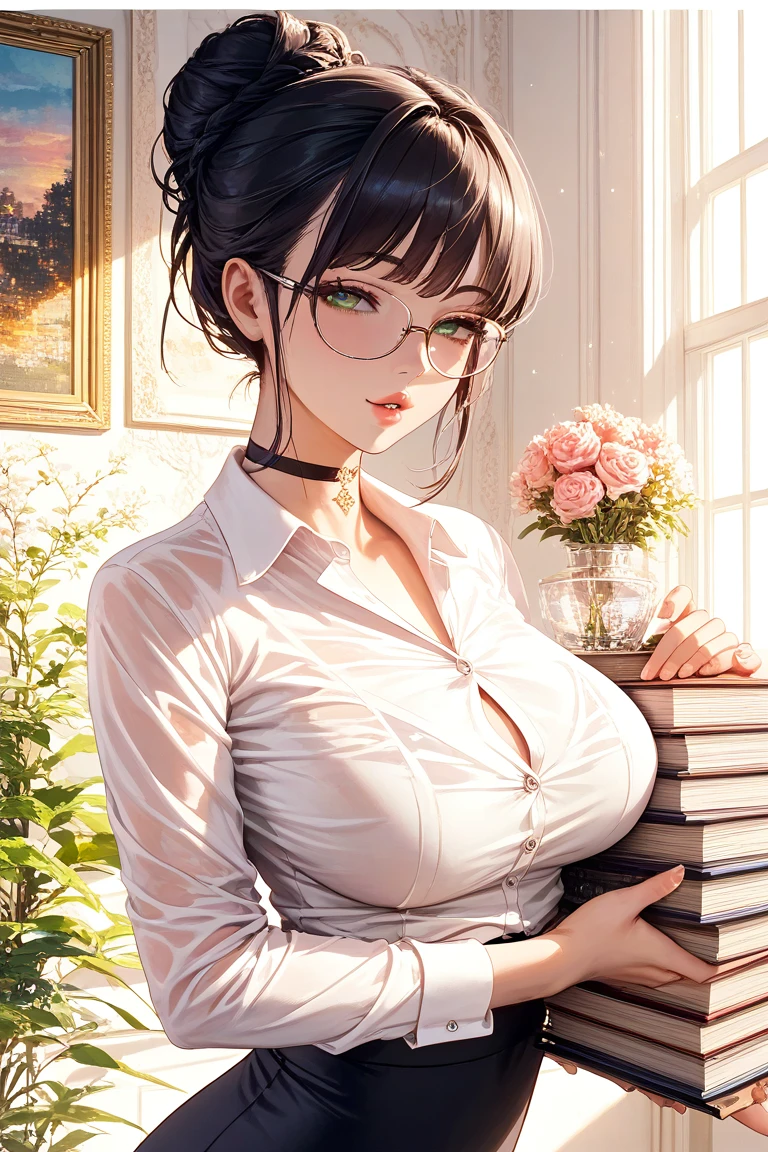 Girl with glasses，Read a book in the library，Large breasts，Transparent top，HD，Best quality at best，rich details​，hyper HD，32K，Top photography
