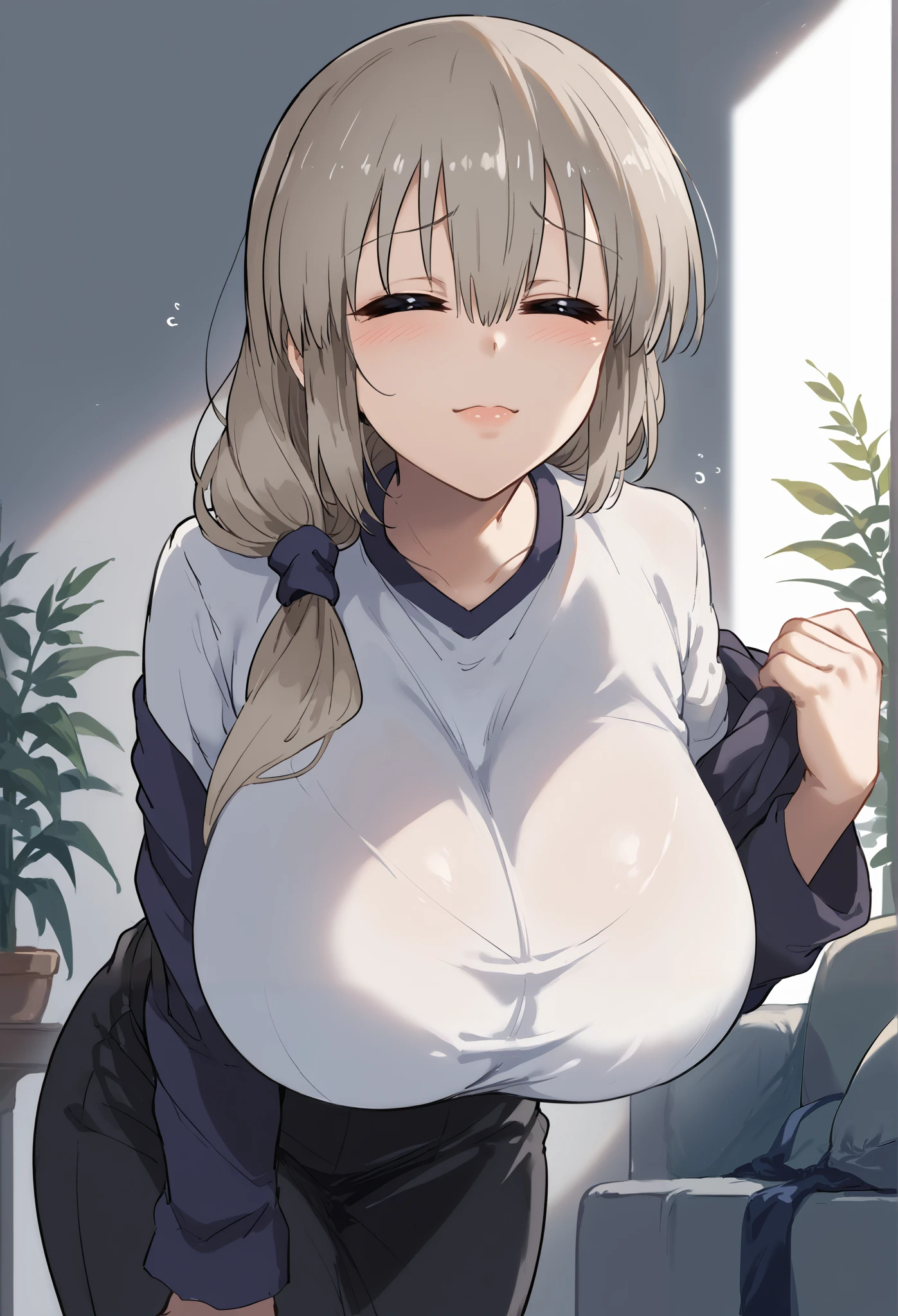 score_9, score_8_up, score_7_up, source_anime, 4K,perfect fingers,(perfect hands, perfect anatomy),prefect lighting, very aesthetic, intricate details,highly detailed background, masterpiece, high quality, best quality,
1girl,solo,Uzaki Tsuki \(Uzaki-chan wa Asobitai!\),Uzaki_Tsuki,tied hair,bangs,hair between eyes,closed eyes,huge chest, ((large breast:1.5)),
leaning forward pose,