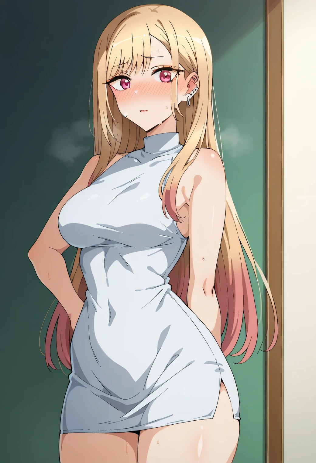 kitagawa_marin, multicolored hair, blonde hair, long hair, magenta eyes, ear piercing, earrings, makeup, multicolored hair, medium breasts, rounded breasts, blush, MULTICOLORED HAIR, marin kitagawa, KitagawaMarin, nose blush, sweat, sweaty, sweaty:1.3, thick thigh, thick thighs, sweat, sweaty, sweaty:1.3, shiny legs, shiny body, shiny hair, clear skin, clear body, dress, mini dress, looking at viewer, standing, posing, solo