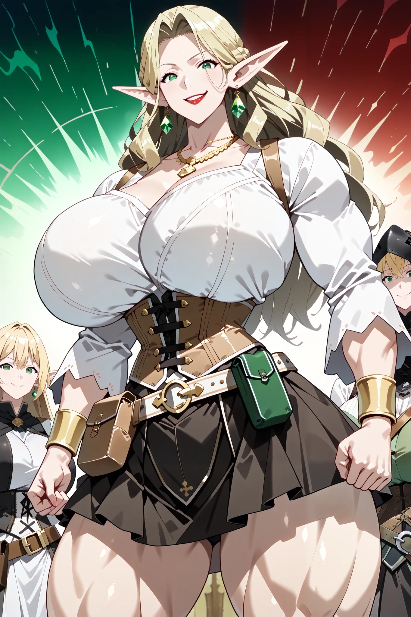 Mature female elf , elf ears, mature woman, (Blonde hair: 1.2), long hair, green eyes, (pretty eyes), (evil expression: 1.3), red lipstick background, (Smile of Maligno: 1.4), giant breasts e pesados, seios flácidos de mature woman, big breasts, huge breasts, (corset: 1.5), (medieval tunic: 1.2), (short medieval skirt: 1.4), huge breasts, (giant breasts: 1,5), (saggy and soft breasts), (FULL BREASTS), (small waist: 1.3), (Small hips: 1.3), (thin and thin thighs: 1.3), ( strong and muscular body: 1.4), (thick and shapely thighs: 1.2), (confident pose: 1.3), (best quality: 1,5), (High details: 1,5), (anime art style: 1,5), score_9, score_8_above, score_7_above, score_6_above , score_5_above , score_4_above. (gold bracelets: 1.4), (gold necklace with emerald: 1.5), (emerald earrings: 1.4), (medieval belt with lots of fanny packs: 1.4)