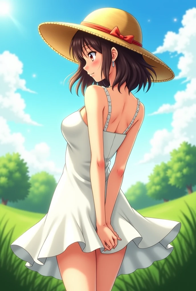 (masterpiece), (best quality), (1girl), solo, perfect body, dress, sun hat, blue sky, cloud, big breast, anime, 1980s style