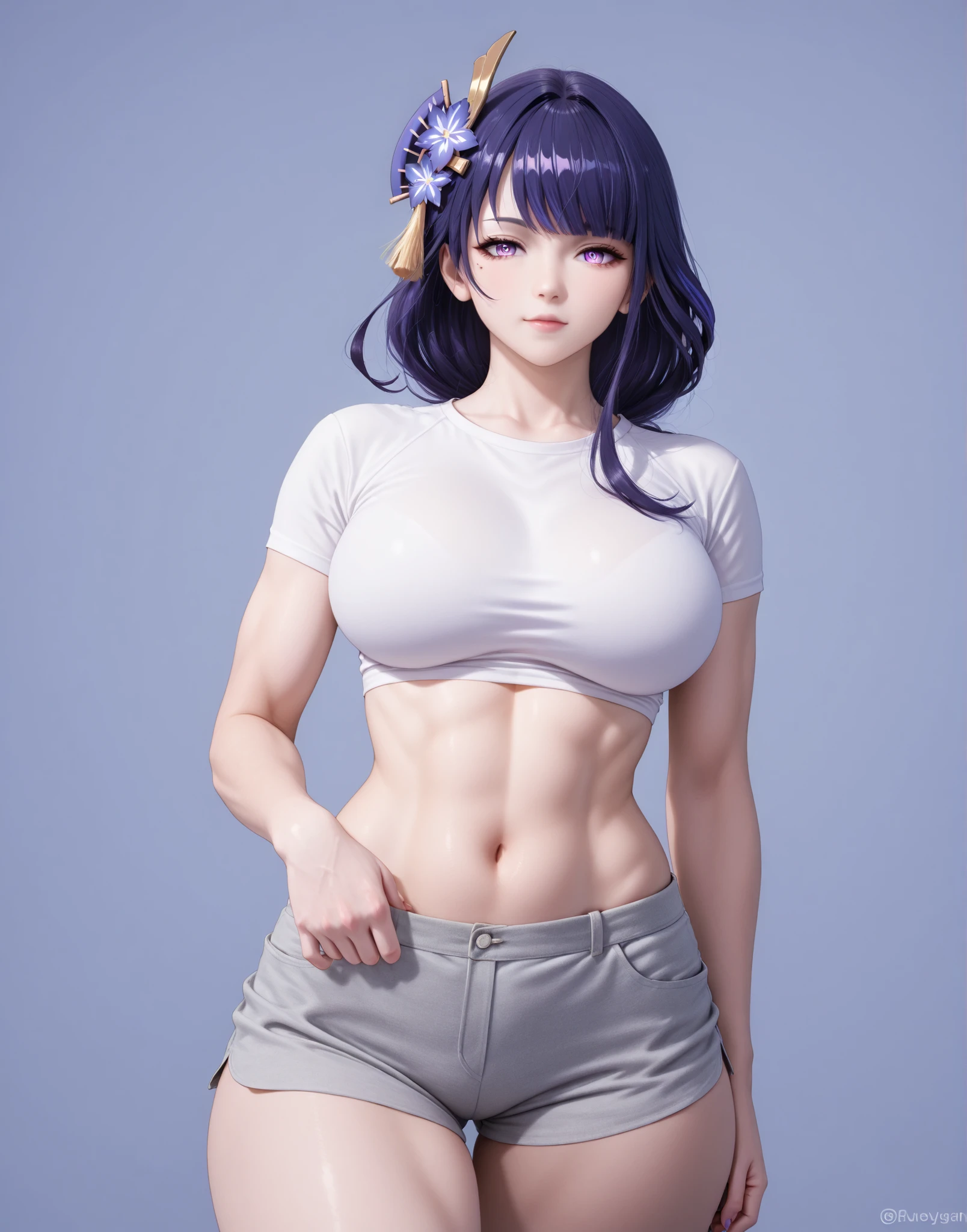 masterpiece, extremely detailed,4k,1girl, solo, raiden shogun,butterfly hair ornament, purple eyes, multicolored hair, short hair,slim body, sexy legs,perfect body,perfect skin texture,large breasts,housewife,grey short pants,white t-shirt, soft light, high detailed, best quality, midriff, navel, navel line, belly, bare belly, sexy, hot girl, big breasts, sexy girl, sexy woman, korean face, beautiful, thick thighs, thigh thighs, upper body, tshirt, crop top, beautiful girl, hot pose, perfect hands, wide hips, expressive, looking at viewers, front look, abs, muscles, sexy pose, photography, cowboy shot,((blue plain background))