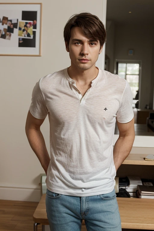 young, Beautiful, handsome, white, skinny, soft skin, beautiful face, shirtless, watching his grandmother weave her clothes on an antique knitting machine